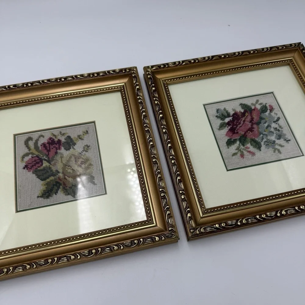 Lot 2 Floral Needlepoint Gold Matte Frame Cross Stitch Pair Hanging Cottagecore